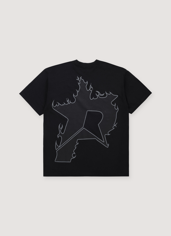 Pieces P Star Flame Tee shirt Tonal Black V2 back view with big flaming black star logo P Star Flame Tee Tonal Black V2 - Authenticated T-shirts | Pieces Los Angeles