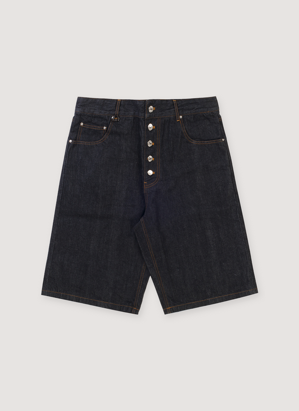 Neaux Doubt V2 Raw Selvedge Japanese Denim Shorts Black with exposed button fly with custom buttons, carabiner hardware, 5 pocket construction, thin belt loop, loose fit, front view V2 Raw Selvedge Japanese Denim Shorts Black - Authenticated Shorts | Pieces Los Angeles