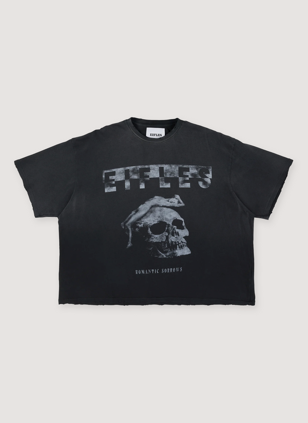 Eifles Romantic Sorrows Tee Shirt Vintage Black with printed logos, vintage wash, lightly distressed details, boxy cropped fit, front view Romantic Sorrows Tee Vintage Black - Authenticated T-shirts | Pieces Los Angeles