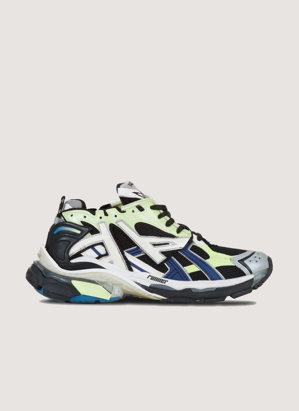 Balenciaga Runner Sneaker Grey Blue Green (Pre-Owned) mesh and nylon upper, worn out effect, embossed side, printed runner logo, back pull tab, side view Runner Sneaker Grey Blue Green (Pre-Owned) - Authenticated Sneakers | Pieces Los Angeles