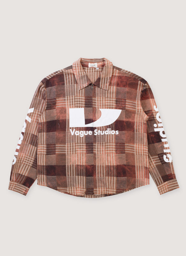 Vague Studios Surge Zip Flannel Rust with frayed edges, YKK zipper, printed white logos on chest and sleeves, front view Surge Zip Flannel Rust - Authenticated Shirts | Pieces Los Angeles