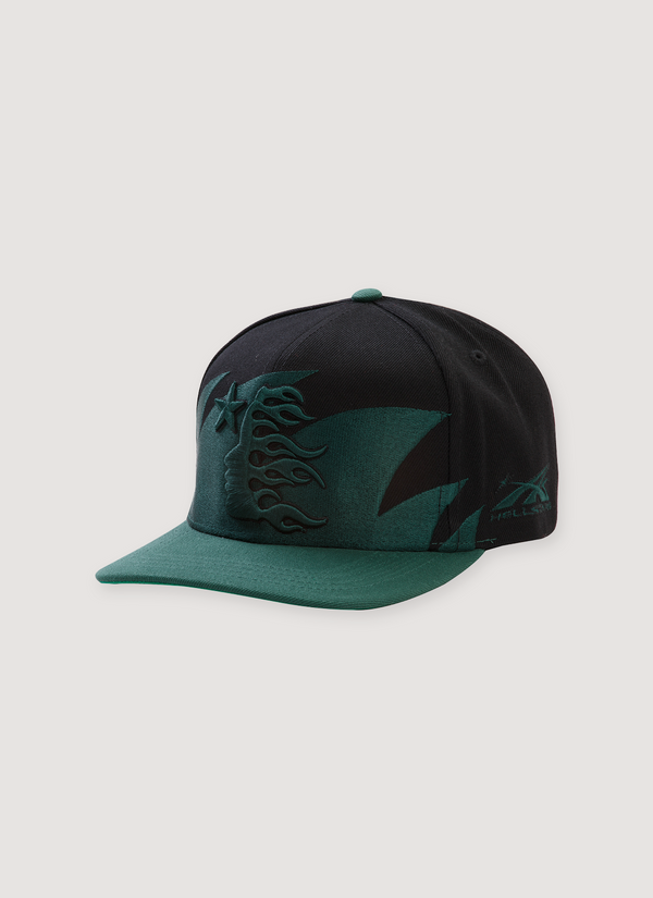Hellstar Sharktooth Snapback Hat Black Green with embroidered sharktooth pattern, embroidered logos, rhinestone studded underbrim, adjustable back snap closure, front view Sharktooth Snapback Hat Black Green - Authenticated Hats | Pieces Los Angeles