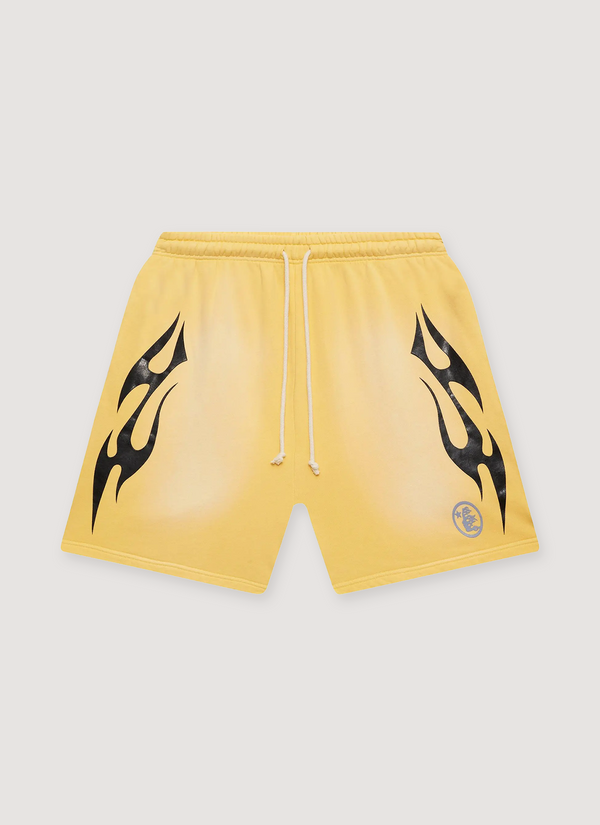 Hellstar Flame Shorts Yellow Black with custom milled fleece, elasticized waist, adjustable drawstring, potassium sprayed, printed flame graphics, front view Flame Shorts Yellow - Authenticated Shorts | Pieces Los Angeles