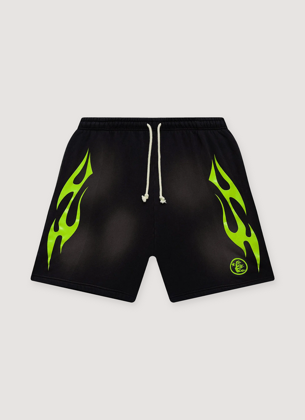 Hellstar Flame Shorts Black Green with custom milled fleece, elasticized waist, adjustable drawstring, potassium sprayed, printed flame graphics, front view Flame Shorts Black Green - Authenticated Shorts | Pieces Los Angeles