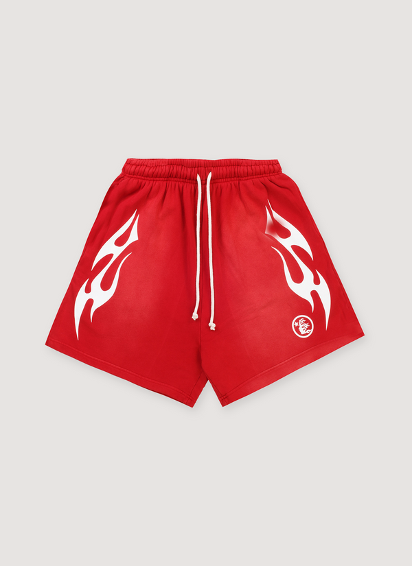 Hellstar Flame Shorts Red White with custom milled fleece, elasticized waist, adjustable drawstring, potassium sprayed, printed flame graphics, front view Flame Shorts Red White - Authenticated Shorts | Pieces Los Angeles