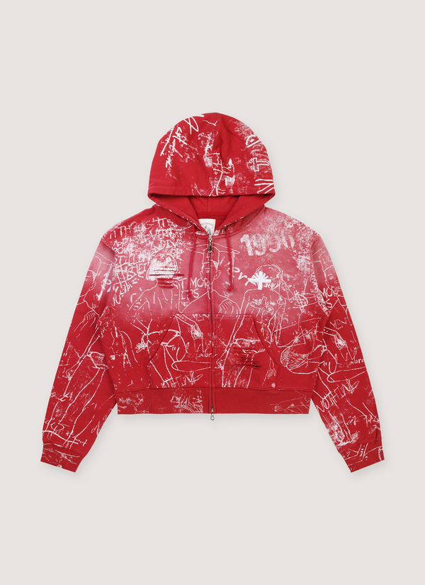 Vertabrae Silo Sketch Sweatshirt Red Hoodie with printed all over pattern, embroidered logo, vintage wash and fade, distressed details, heavyweight zipped closure, robber cuff and waist, front view Silo Sketch Sweatshirt Red - Authenticated Sweatshirts | Pieces Los Angeles