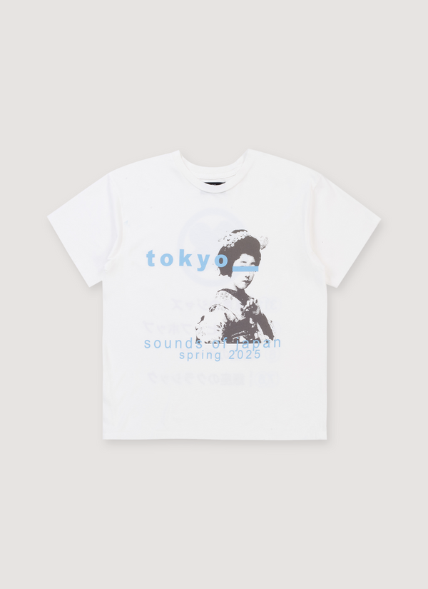 Pieces Sounds Tee Shirt White with black and white graphic of a woman wearing traditional japanese kyoto and blue text, front view Sounds Tee White - Authenticated T-shirts | Pieces Los Angeles