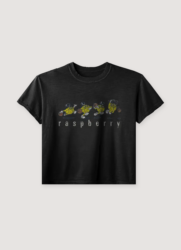 GV Gallery Sprint Tee Shirt Washed Black with text that says "raspberry" with graphics of cartoon basketballs running, front view Sprint Tee Washed Black - Authenticated T-shirts | Pieces Los Angeles