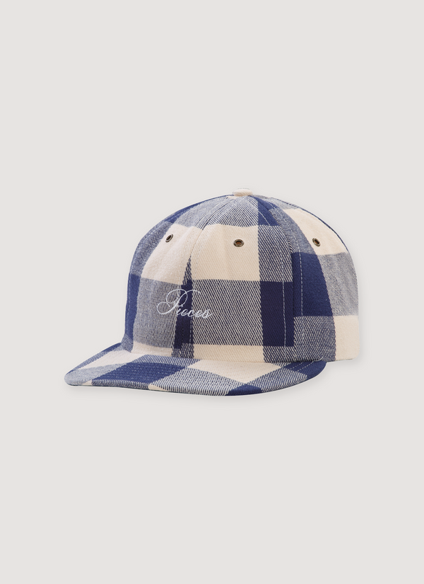 Pieces Street Hat Cream Navy Plaid with cursive Pieces logo, front view Street Hat Cream Navy Plaid - Authenticated Hats | Pieces Los Angeles
