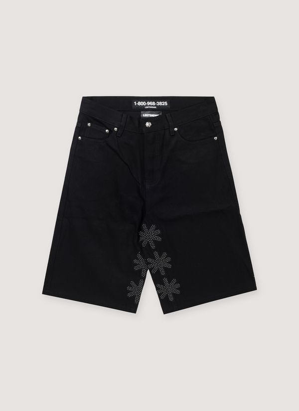 Lost SHDWS Studded Denim Short Black Black with asterisk logos along the inseam, front view Studded Denim Short Black Black - Authenticated Shorts | Pieces Los Angeles