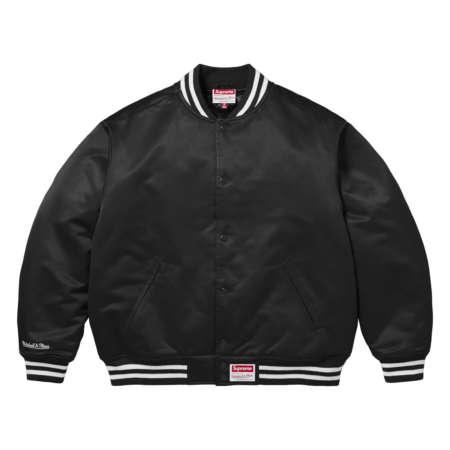 Supreme x Mitchell & Ness Satin Varsity Jacket Black – PIECES Supreme x Mitchell & Ness Satin Varsity Jacket Black – PIECES