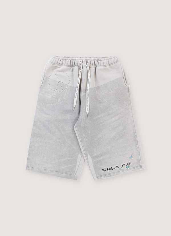Boredom Kills BK Jean Sweatshorts Grey with elasticated waist, adjustable drawstring, printed denim patterhn rivet and embroidery design, front view BK Jean Sweats Grey - Authenticated Shorts | Pieces Los Angeles
