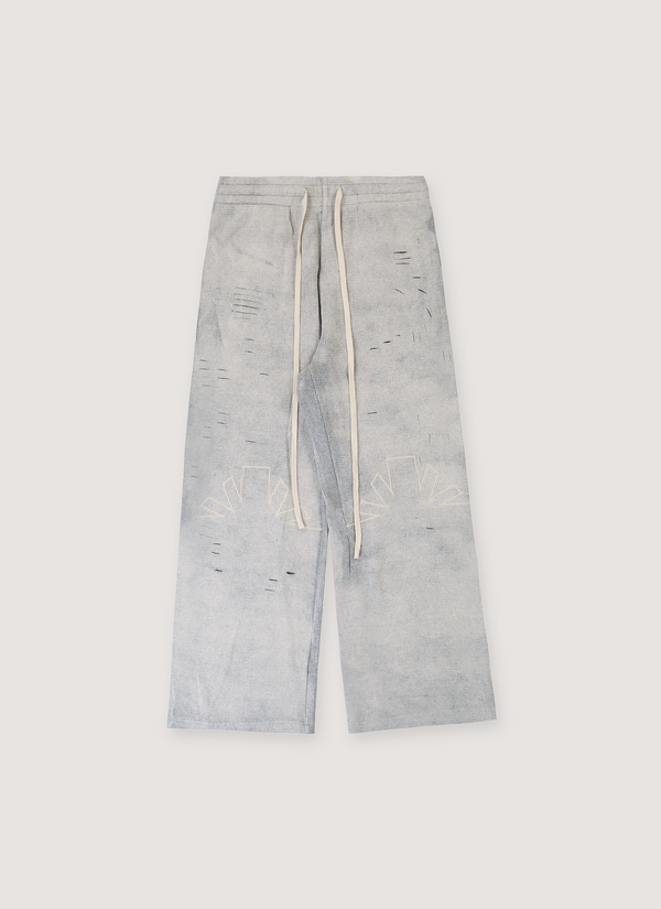 Vertabrae Thermal Kneed Sweatpants Grey with waffle thermal, distressed ribs, embroidered knee logos, elasticated waist with extended drawstrings, wide leg fit, front view Thermal Kneed Sweatpants Grey - Authenticated Sweatpants | Pieces Los Angeles