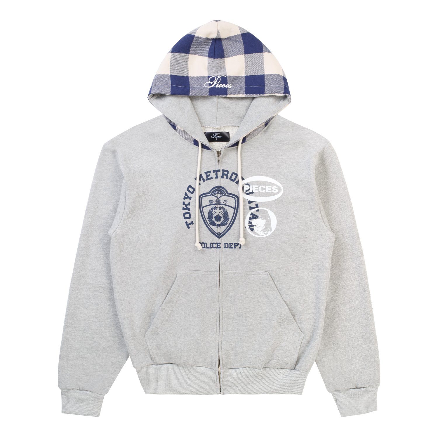 Pieces TKYPD Plaid Hooded Zip Up Sweatshirt Heather Grey