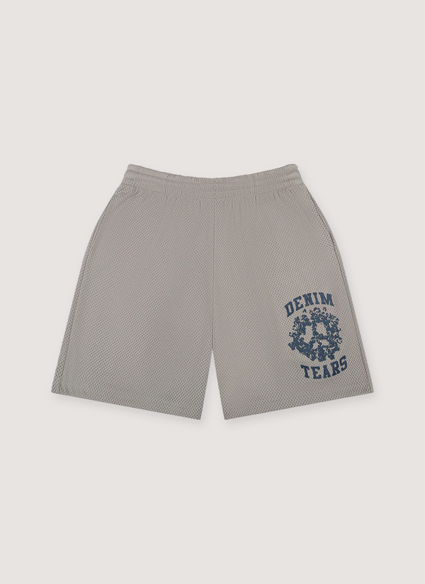 Denim Tears Denim University Mesh Shorts Grey with Denim Tears text and wraith logo, front view Denim University Mesh Shorts Grey - Authenticated Shorts | Pieces Los Angeles