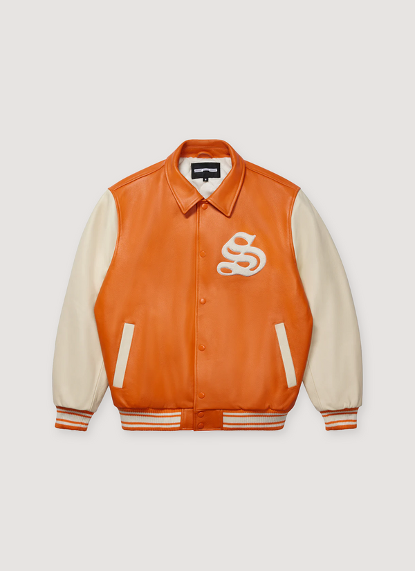 Sp5der Worldwide Leather Varsity Jacket Orange Leather Varsity Jacket Orange - Authenticated Jackets | Pieces Los Angeles