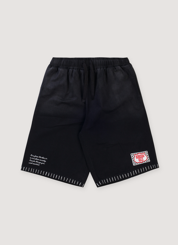 Boredom Kills BK Villa Shorts Black with single needle hem detail front view BK Villa Shorts Black - Authenticated Shorts | Pieces Los Angeles