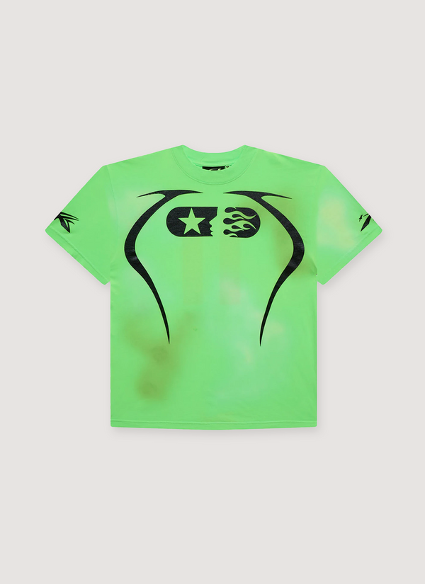 Hellstar Warm Up Tee shirt Neon Green with black details, washed look and distressed, front view Warm Up Tee Neon - Authenticated T-shirts | Pieces Los Angeles