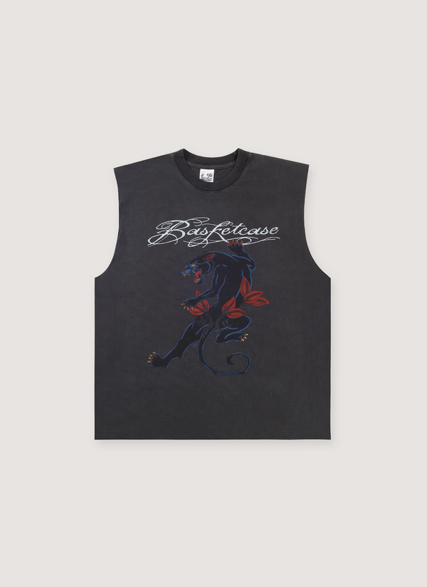 Basketcase Gallery Wildcat Cut Off Tee Vintage Black Tank Top, 330 gsm 9.5 oz cotton, vintage pigment dye, printed logos, front view Wildcat Cut Off Tee Vintage Black - Authenticated Sleeveless | Pieces Los Angeles