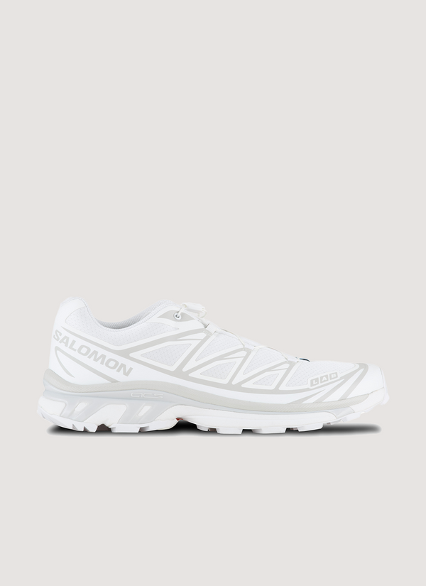 Salomon XT-6 White Lunar Rock (Pre-Owned) single layer mesh upper, abrasion-resistant TPU material, mud contagrip outsole, textile lining, quicklace system, EndoFit internal sleeve, side profile view XT-6 White Lunar Rock (Pre-Owned) - Authenticated Sneakers | Pieces Los Angeles