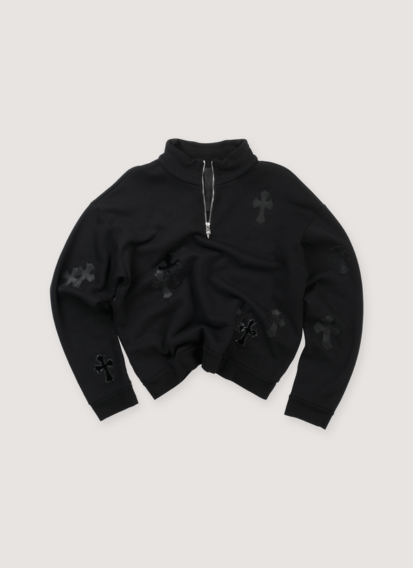 Chrome Hearts Cross Patch Quarter Zip Black (Pre-Owned), geniune lamb and calf leather cross patches, .925 silver dagger zipper, ribbed cuff and hem, front view Cross Patch Quarter Zip Black (Pre-Owned) - Authenticated Sweaters | Pieces Los Angeles