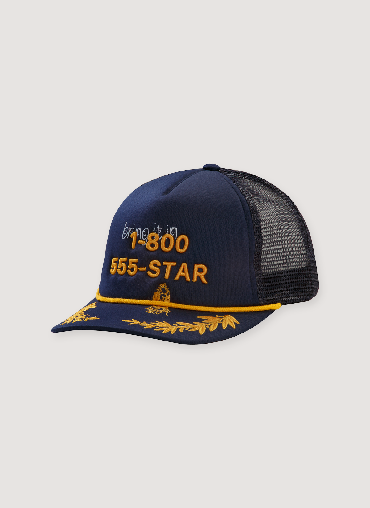 Paly Hollywood 555-Star Trucker Hat Navy mesh front view with gold details Paly Hollywood 555-Star Trucker Hat Navy - Image 1 | Authenticated at Pieces Los Angeles