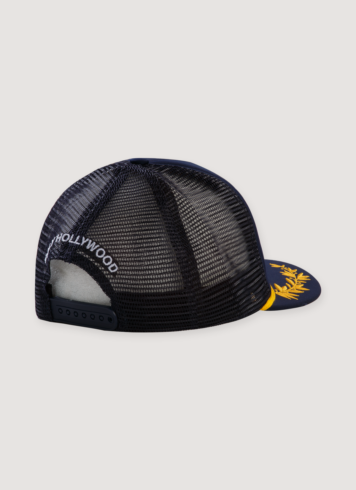 Paly Hollywood 555-Star Trucker Hat Navy back view with gold details and mesh look