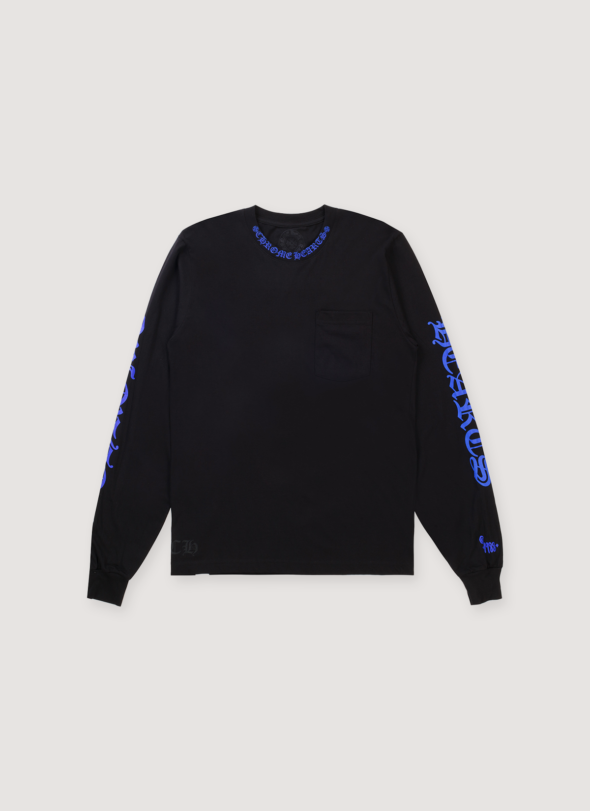 Chrome Hearts 1988 Neck Logo Longsleeve Black Blue front side with text on sleeves and neck