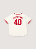 Supreme 40 Acres Twill Baseball Jersey Natural back with red Supreme text and the number 40 Supreme 40 Acres Twill Baseball Jersey Natural - Image 2 | Authenticated at Pieces Los Angeles