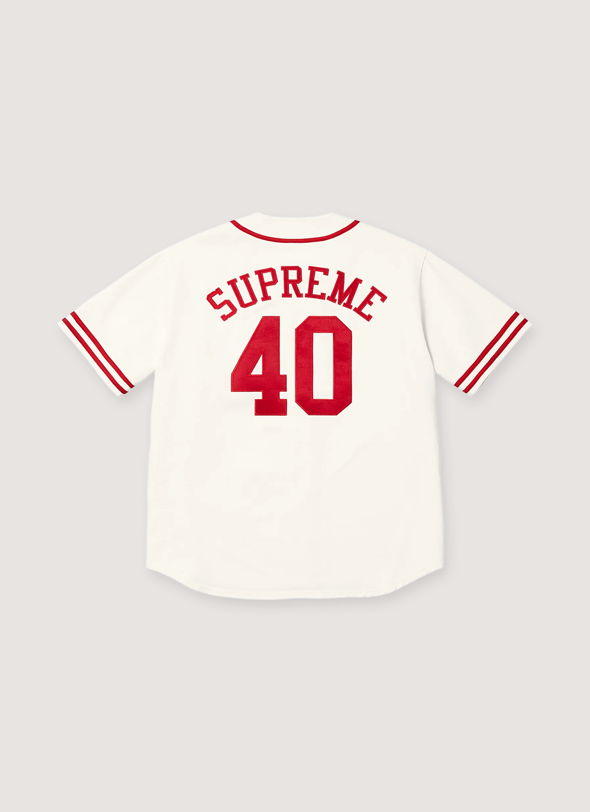 Supreme 40 Acres Twill Baseball Jersey Natural back with red Supreme text and the number 40 Supreme 40 Acres Twill Baseball Jersey Natural - Image 2 | Authenticated at Pieces Los Angeles