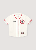 Supreme 40 Acres Twill Baseball Jersey Natural front with red details Supreme 40 Acres Twill Baseball Jersey Natural - Image 1 | Authenticated at Pieces Los Angeles