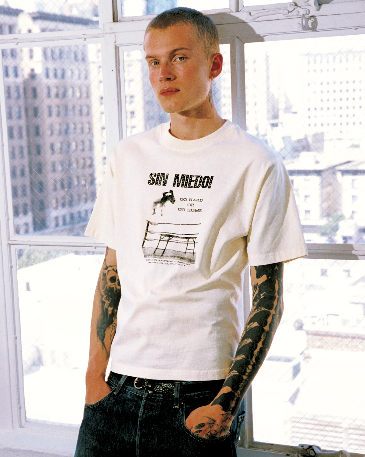 Model wearing New Age Sin Miedo Tee — Pieces Los Angeles
