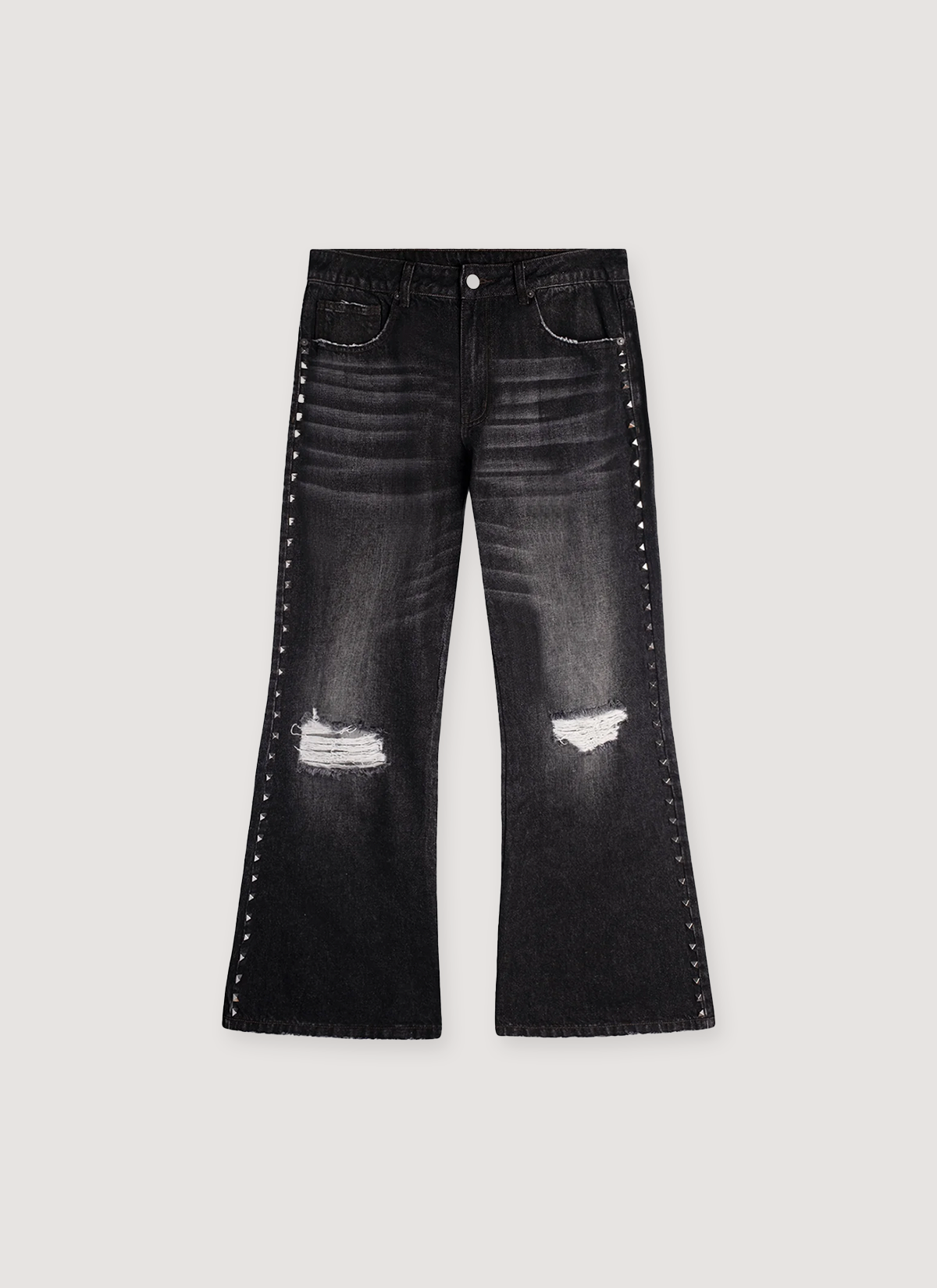 Vague Studios '85 Flared Denim jeans Washed Black with rips on knees and studs all over