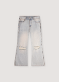 Vague Studios '85 Flared Denim Light Wash with rips on the knees and studs along the side front view Vague Studios 85 Flared Denim Light Wash - Image 1 | Authenticated at Pieces Los Angeles