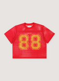 Neaux Doubt 88 Mesh Jersey Red Yellow with reinforced cover seam finish, round neck self trim, screen printed logos, odor resistant, front view Neaux Doubt 88 Mesh Jersey Red Yellow - Image 1 | Authenticated at Pieces Los Angeles