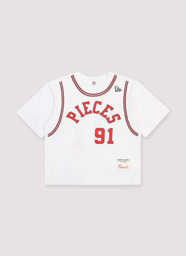 Pieces 91 Jersey Tee White and Red front view with Pieces text and the number 91 91 Jersey Tee White - Authenticated T-shirts | Pieces Los Angeles