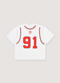 Pieces 91 Jersey Tee White and Red back view with Pieces text and the number 91 Pieces 91 Jersey Tee White - Image 2 | Authenticated at Pieces Los Angeles