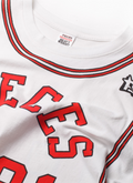 Pieces 91 Jersey Tee White and Red front view close up of the neckline with the tag and shirt details Pieces 91 Jersey Tee White - Image 3 | Authenticated at Pieces Los Angeles