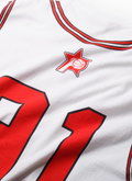 Pieces 91 Jersey Tee White and Red close shot of the back view with P star logo and the number 91 Pieces 91 Jersey Tee White - Image 4 | Authenticated at Pieces Los Angeles