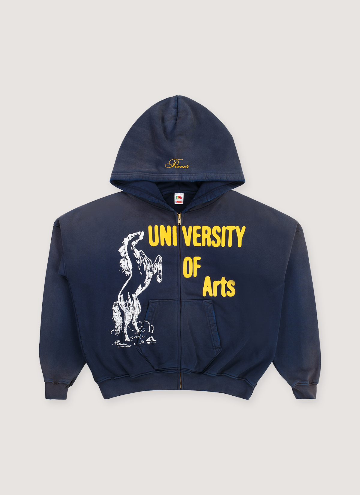 Pieces Academia Zippered Sweatshirt hoodie Vintage Navy blue front view with yellow text that says University of Arts and a logo of a horse
