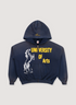 Pieces Academia Zippered Sweatshirt hoodie Vintage Navy blue front view with yellow text that says University of Arts and a logo of a horse