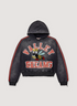Vale Forever Anthem Sweatshirt Black Red Hoodie distressed washed with holes, cartoon bee graphic, red lines coming down the sleeves, and holes and tears in the hoodie, front view