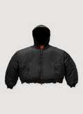 GV Gallery Hooded Bomber Black nylon Jacket zip up Hoodie with orange inside, distressed and dirtied detail, snap pockets, front view GV Gallery Hooded Bomber Black - Image 1 | Authenticated at Pieces Los Angeles