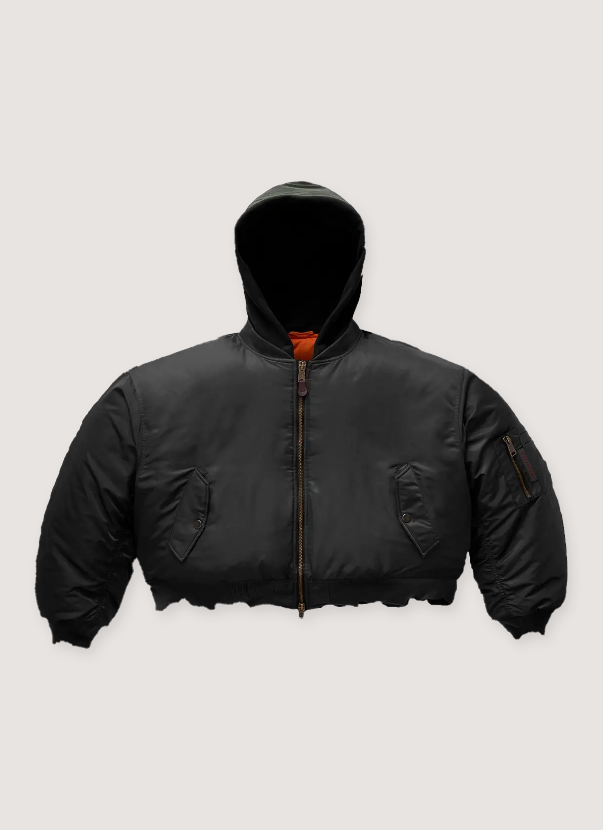 GV Gallery Hooded Bomber Black nylon Jacket zip up Hoodie with orange inside, distressed and dirtied detail, snap pockets, front view GV Gallery Hooded Bomber Black - Image 1 | Authenticated at Pieces Los Angeles