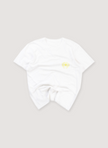 Chrome Hearts Made in Hollywood Tee White Yellow (Pre-Owned) with front chest pocket, screen printed yellow logos, front view Chrome Hearts Made in Hollywood Tee White Yellow (Pre-Owned) - Image 1 | Authenticated at Pieces Los Angeles