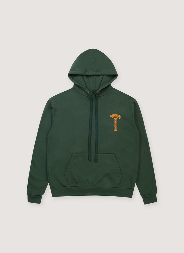 Chrome Hearts T Bar Sweatshirt Green Orange, screen printed orange logos, sleeve prints, adjustable hood drawstring, front view T Bar Sweatshirt Green Orange - Authenticated Sweatshirts | Pieces Los Angeles