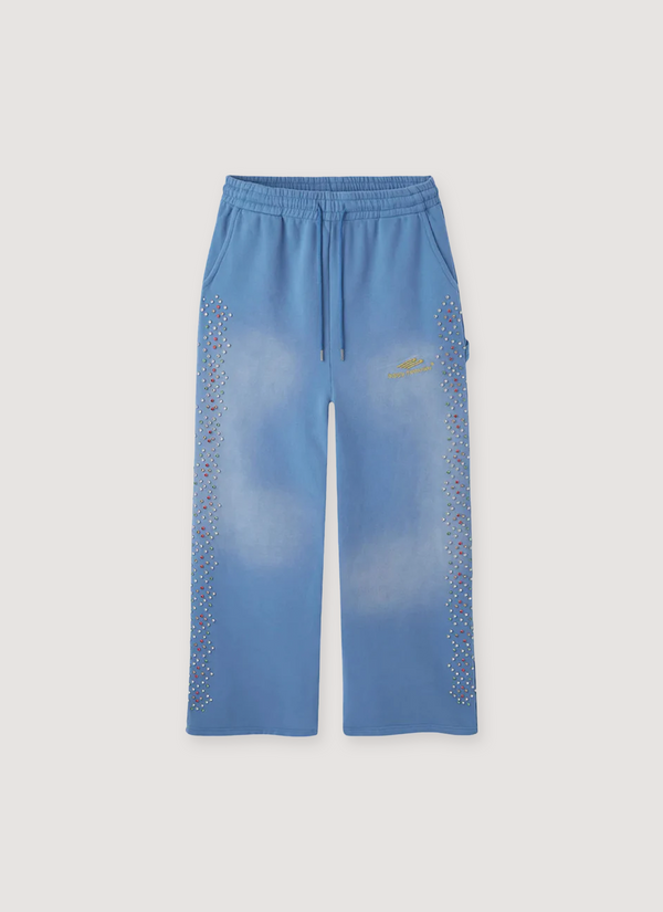 Happy Memories Don't Die HMDD Crystal faded Sweatpants Powder Blue Sweatpants with rhinestones, front view Crystal Sweatpants Powder Blue - Authenticated Sweatpants | Pieces Los Angeles