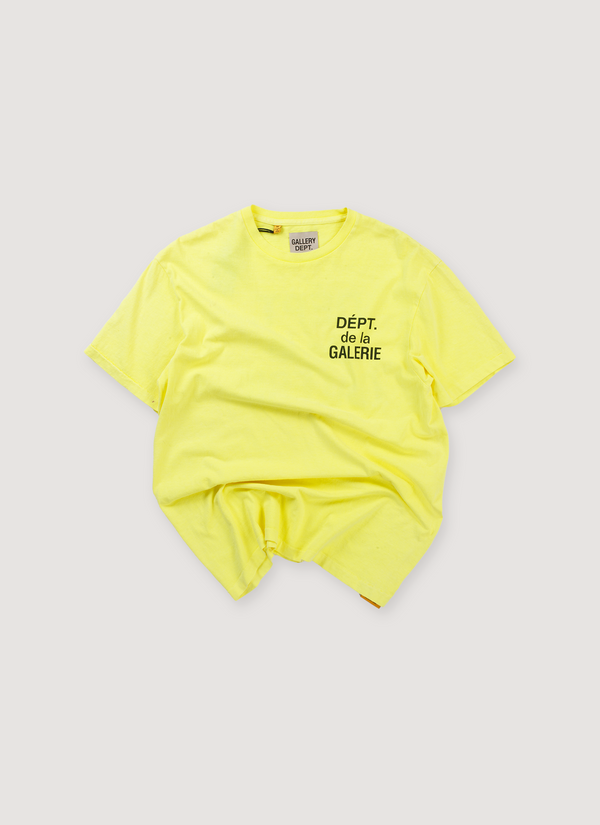 Gallery Dept. French Logo Tee Shirt Flo Yellow vintage wash with little black logo text, front view French Logo Tee Flo Yellow (Pre-Owned) - Authenticated T-shirts | Pieces Los Angeles