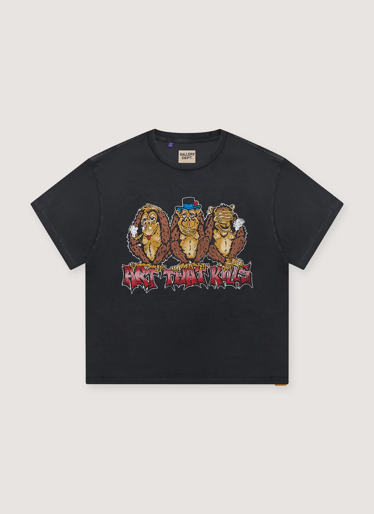 Gallery Dept. See No Evil Tee Shirt Vintage Black with vintage wash and fade, distressed faded print logo of 3 monkeys, relaxed 90's fit, front view