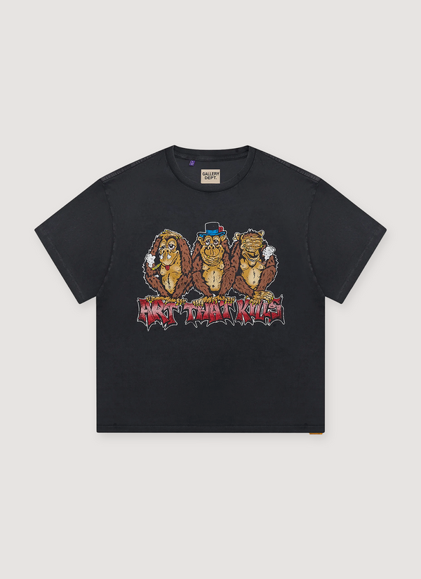 Gallery Dept. See No Evil Tee Shirt Vintage Black with vintage wash and fade, distressed faded print logo of 3 monkeys, relaxed 90's fit, front view See No Evil Tee Vintage Black - Authenticated T-shirts | Pieces Los Angeles